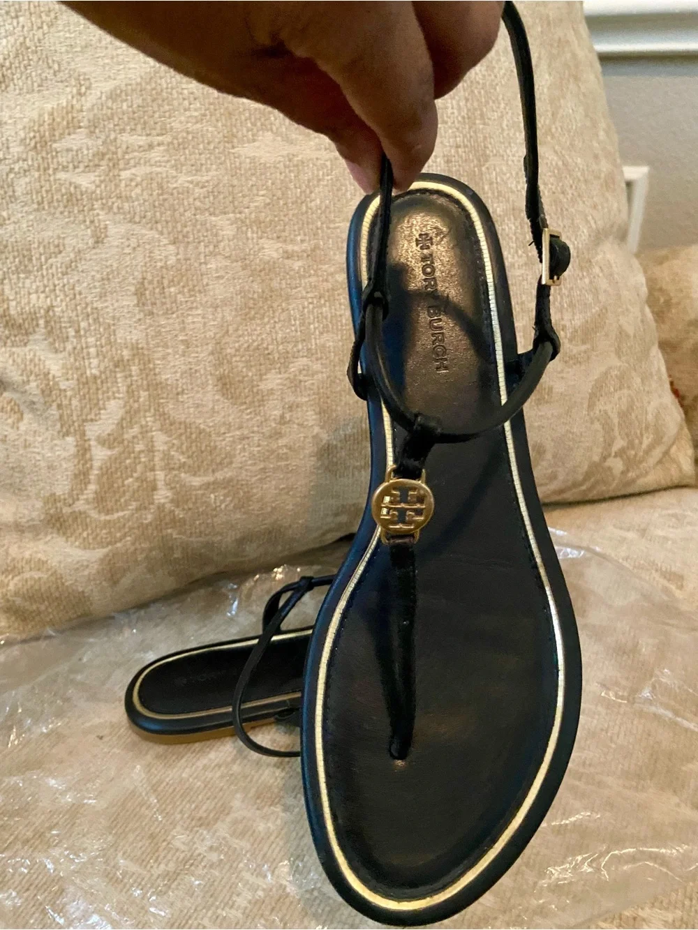 Tory Burch Black Leather T-Strap Sandals with Gold Accent
